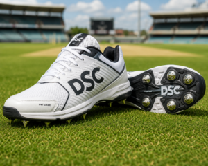 A professional cricket shoe with sharp metal spikes resting on a lush green cricket pitch, showing specialized traction design.