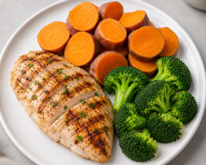 A healthy sports recovery meal featuring grilled chicken breast, sweet potato, and steamed green vegetables.