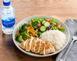A high-carbohydrate pre-game sports meal featuring grilled chicken, brown rice, and a clean hydration bottle.