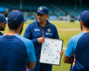 A professional cricket coach giving a strategic team briefing to players on a green stadium outfield