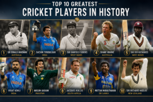 Top 10 greatest cricket players in history including Bradman, Tendulkar, Kohli, Warne and Muralitharan in a ranking collage