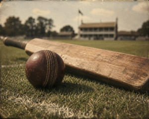 A traditional red leather cricket ball resting on a grassy pitch, representing the heritage and history of cricket.