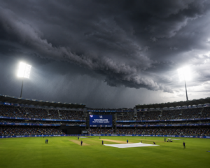 Massive dark rain clouds gathering over a professional sports stadium under bright stadium lights, symbolizing sudden atmospheric shifts in cricket.