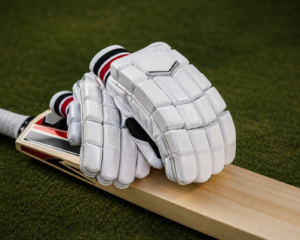 A pair of professional white cricket batting gloves with high-density foam blocks resting on top of a cricket bat, showcasing ergonomic handwear design.