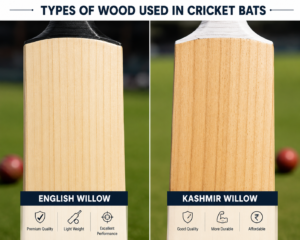 A technical comparison infographic between English Willow and Kashmir Willow cricket bats, highlighting wood grains, density, and performance metrics.